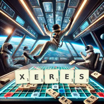 Kreative Illustration für ein Scrabble-Spiel, bei dem das Wort XERES mit Steinen auf dem Brett gelegt wurde.