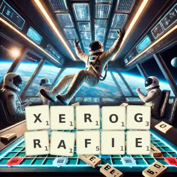 Kreative Illustration für ein Scrabble-Spiel, bei dem das Wort XEROGRAFIE mit Steinen auf dem Brett gelegt wurde.