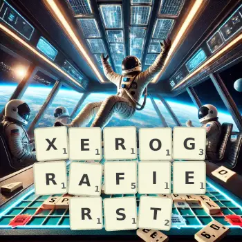 Kreative Illustration für ein Scrabble-Spiel, bei dem das Wort XEROGRAFIERST mit Steinen auf dem Brett gelegt wurde.