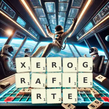 Kreative Illustration für ein Scrabble-Spiel, bei dem das Wort XEROGRAFIERTE mit Steinen auf dem Brett gelegt wurde.