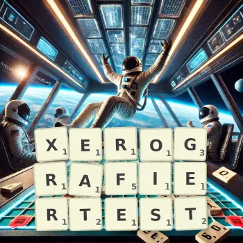 Kreative Illustration für ein Scrabble-Spiel, bei dem das Wort XEROGRAFIERTEST mit Steinen auf dem Brett gelegt wurde.