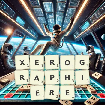 Kreative Illustration für ein Scrabble-Spiel, bei dem das Wort XEROGRAPHIERE mit Steinen auf dem Brett gelegt wurde.