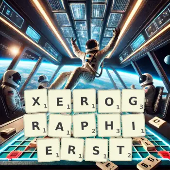 Kreative Illustration für ein Scrabble-Spiel, bei dem das Wort XEROGRAPHIERST mit Steinen auf dem Brett gelegt wurde.