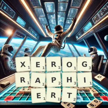Kreative Illustration für ein Scrabble-Spiel, bei dem das Wort XEROGRAPHIERT mit Steinen auf dem Brett gelegt wurde.
