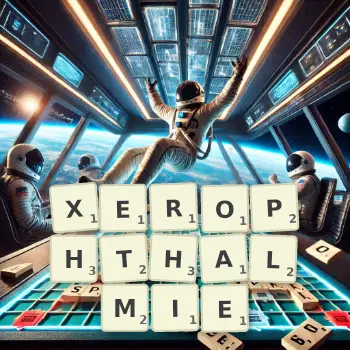 Kreative Illustration für ein Scrabble-Spiel, bei dem das Wort XEROPHTHALMIE mit Steinen auf dem Brett gelegt wurde.