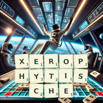 Kreative Illustration für ein Scrabble-Spiel, bei dem das Wort XEROPHYTISCHE mit Steinen auf dem Brett gelegt wurde.