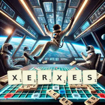 Kreative Illustration für ein Scrabble-Spiel, bei dem das Wort XERXES mit Steinen auf dem Brett gelegt wurde.