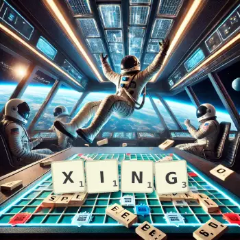 Kreative Illustration für ein Scrabble-Spiel, bei dem das Wort XING mit Steinen auf dem Brett gelegt wurde.