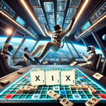 Kreative Illustration für ein Scrabble-Spiel, bei dem das Wort XIX mit Steinen auf dem Brett gelegt wurde.