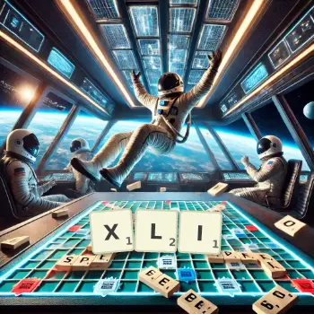 Kreative Illustration für ein Scrabble-Spiel, bei dem das Wort XLI mit Steinen auf dem Brett gelegt wurde.