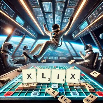 Kreative Illustration für ein Scrabble-Spiel, bei dem das Wort XLIX mit Steinen auf dem Brett gelegt wurde.