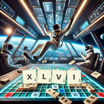 Kreative Illustration für ein Scrabble-Spiel, bei dem das Wort XLVI mit Steinen auf dem Brett gelegt wurde.