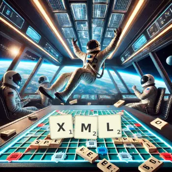 Kreative Illustration für ein Scrabble-Spiel, bei dem das Wort XML mit Steinen auf dem Brett gelegt wurde.