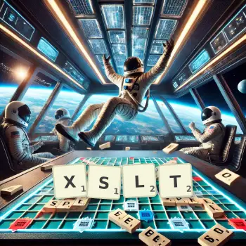 Kreative Illustration für ein Scrabble-Spiel, bei dem das Wort XSLT mit Steinen auf dem Brett gelegt wurde.