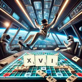 Kreative Illustration für ein Scrabble-Spiel, bei dem das Wort XVI mit Steinen auf dem Brett gelegt wurde.