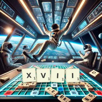 Kreative Illustration für ein Scrabble-Spiel, bei dem das Wort XVII mit Steinen auf dem Brett gelegt wurde.