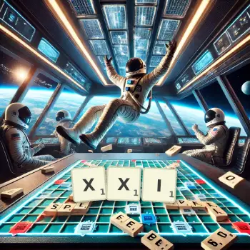 Kreative Illustration für ein Scrabble-Spiel, bei dem das Wort XXI mit Steinen auf dem Brett gelegt wurde.