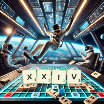 Kreative Illustration für ein Scrabble-Spiel, bei dem das Wort XXIV mit Steinen auf dem Brett gelegt wurde.