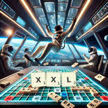 Kreative Illustration für ein Scrabble-Spiel, bei dem das Wort XXL mit Steinen auf dem Brett gelegt wurde.