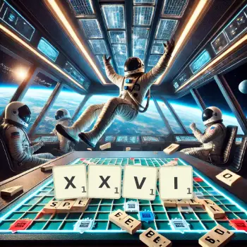 Kreative Illustration für ein Scrabble-Spiel, bei dem das Wort XXVI mit Steinen auf dem Brett gelegt wurde.