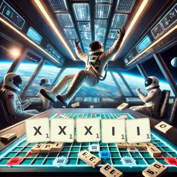 Kreative Illustration für ein Scrabble-Spiel, bei dem das Wort XXXII mit Steinen auf dem Brett gelegt wurde.