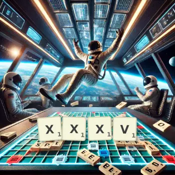 Kreative Illustration für ein Scrabble-Spiel, bei dem das Wort XXXV mit Steinen auf dem Brett gelegt wurde.