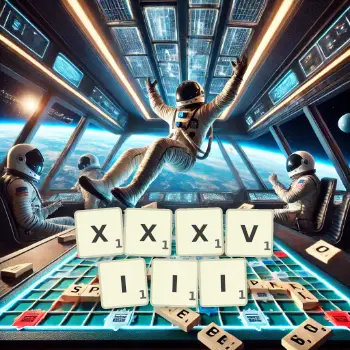 Kreative Illustration für ein Scrabble-Spiel, bei dem das Wort XXXVIII mit Steinen auf dem Brett gelegt wurde.