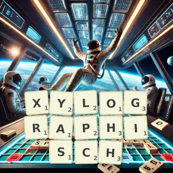 Kreative Illustration für ein Scrabble-Spiel, bei dem das Wort XYLOGRAPHISCH mit Steinen auf dem Brett gelegt wurde.