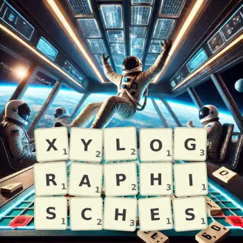 Kreative Illustration für ein Scrabble-Spiel, bei dem das Wort XYLOGRAPHISCHES mit Steinen auf dem Brett gelegt wurde.