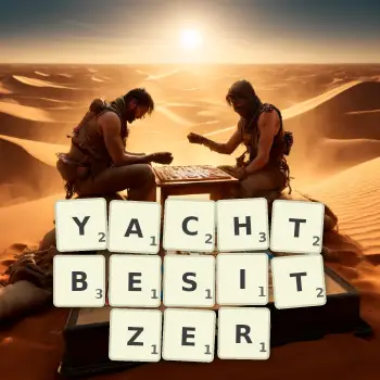 Kreative Illustration für ein Scrabble-Spiel, bei dem das Wort YACHTBESITZER mit Steinen auf dem Brett gelegt wurde.
