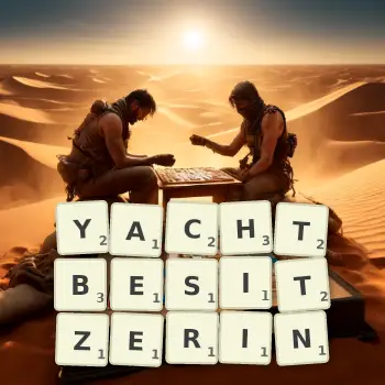 Kreative Illustration für ein Scrabble-Spiel, bei dem das Wort YACHTBESITZERIN mit Steinen auf dem Brett gelegt wurde.