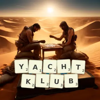 Kreative Illustration für ein Scrabble-Spiel, bei dem das Wort YACHTKLUB mit Steinen auf dem Brett gelegt wurde.