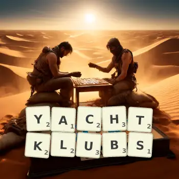 Kreative Illustration für ein Scrabble-Spiel, bei dem das Wort YACHTKLUBS mit Steinen auf dem Brett gelegt wurde.