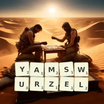 Kreative Illustration für ein Scrabble-Spiel, bei dem das Wort YAMSWURZEL mit Steinen auf dem Brett gelegt wurde.