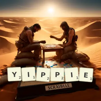 Kreative Illustration für ein Scrabble-Spiel, bei dem das Wort YIPPIE mit Steinen auf dem Brett gelegt wurde.