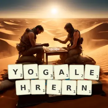 Kreative Illustration für ein Scrabble-Spiel, bei dem das Wort YOGALEHRERN mit Steinen auf dem Brett gelegt wurde.
