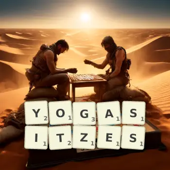 Kreative Illustration für ein Scrabble-Spiel, bei dem das Wort YOGASITZES mit Steinen auf dem Brett gelegt wurde.