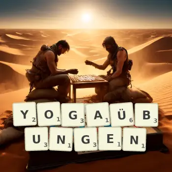 Kreative Illustration für ein Scrabble-Spiel, bei dem das Wort YOGAÜBUNGEN mit Steinen auf dem Brett gelegt wurde.