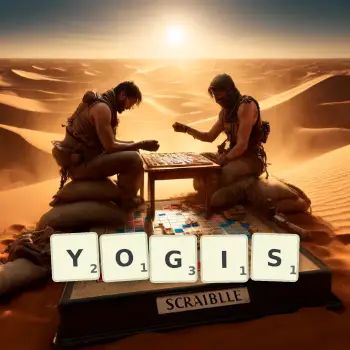 Kreative Illustration für ein Scrabble-Spiel, bei dem das Wort YOGIS mit Steinen auf dem Brett gelegt wurde.