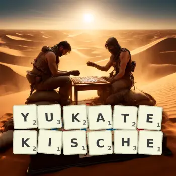 Kreative Illustration für ein Scrabble-Spiel, bei dem das Wort YUKATEKISCHE mit Steinen auf dem Brett gelegt wurde.