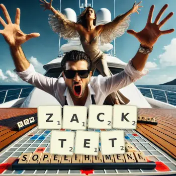 Kreative Illustration für ein Scrabble-Spiel, bei dem das Wort ZACKTET mit Steinen auf dem Brett gelegt wurde.