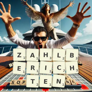 Kreative Illustration für ein Scrabble-Spiel, bei dem das Wort ZAHLBERICHTEN mit Steinen auf dem Brett gelegt wurde.