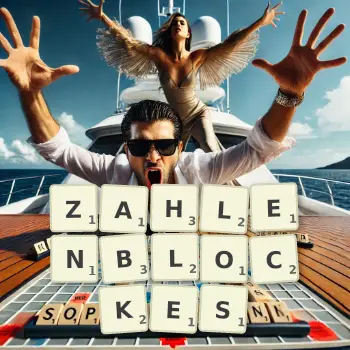 Kreative Illustration für ein Scrabble-Spiel, bei dem das Wort ZAHLENBLOCKES mit Steinen auf dem Brett gelegt wurde.