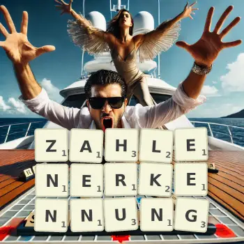 Kreative Illustration für ein Scrabble-Spiel, bei dem das Wort ZAHLENERKENNUNG mit Steinen auf dem Brett gelegt wurde.