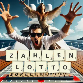 Kreative Illustration für ein Scrabble-Spiel, bei dem das Wort ZAHLENLOTTO mit Steinen auf dem Brett gelegt wurde.