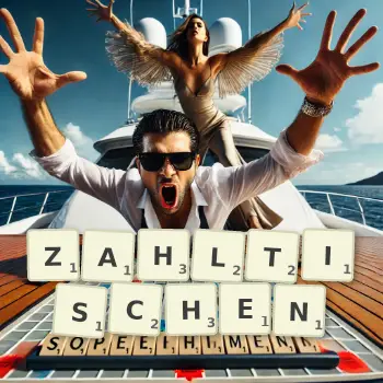 Kreative Illustration für ein Scrabble-Spiel, bei dem das Wort ZAHLTISCHEN mit Steinen auf dem Brett gelegt wurde.