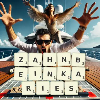 Kreative Illustration für ein Scrabble-Spiel, bei dem das Wort ZAHNBEINKARIES mit Steinen auf dem Brett gelegt wurde.