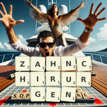 Kreative Illustration für ein Scrabble-Spiel, bei dem das Wort ZAHNCHIRURGEN mit Steinen auf dem Brett gelegt wurde.