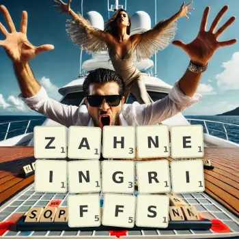 Kreative Illustration für ein Scrabble-Spiel, bei dem das Wort ZAHNEINGRIFFS mit Steinen auf dem Brett gelegt wurde.