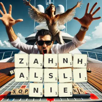 Kreative Illustration für ein Scrabble-Spiel, bei dem das Wort ZAHNHALSLINIE mit Steinen auf dem Brett gelegt wurde.
